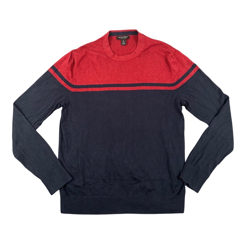 Banana Republic Mens Sweater M Silk Cashmere Blend Navy Red Colorblock Crewneck